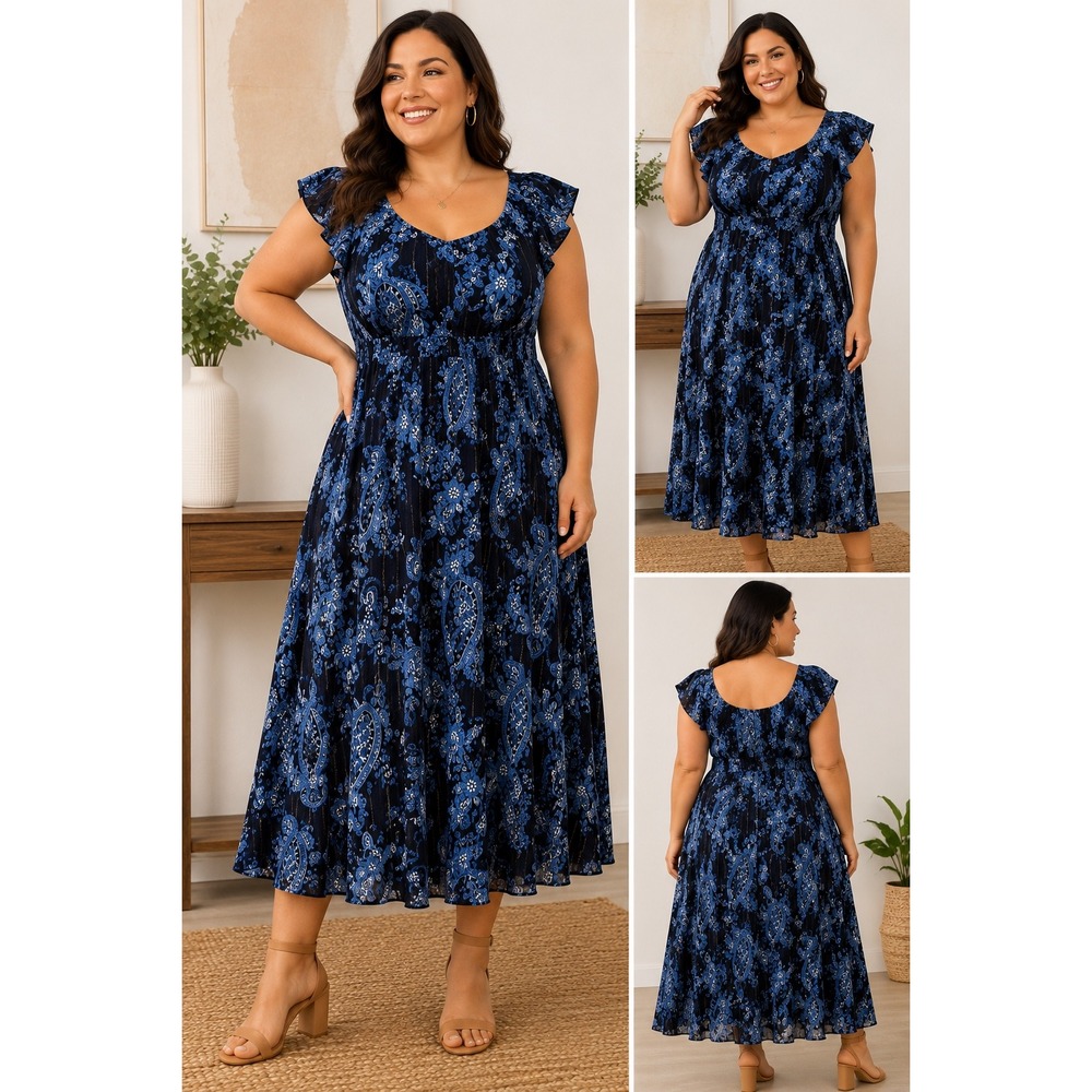 Lane‎ Bryant Blue Paisley Midi Dress 14/16 Boho Flutter Sleeve Lined